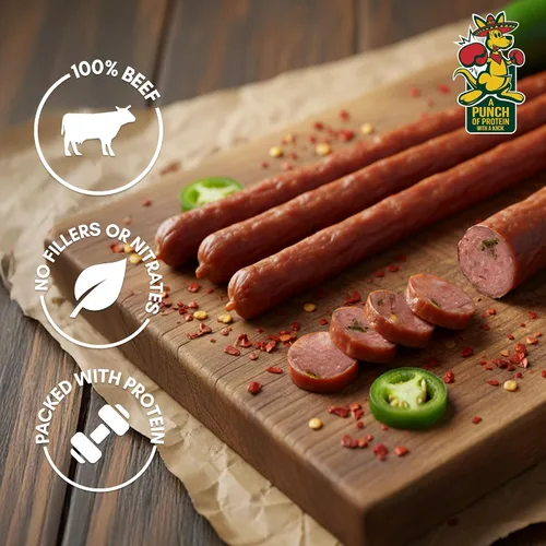 Vista 3 de Little Joeys Palitos de carne de jalapeño – Caja de 6 unidades – Bocadillos de carne altos en proteínas para adultos y niños – Apto para dieta