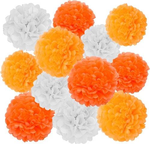 Vista 7 de GAKA Pompones de papel de seda rosa intenso (rojo rosa), rosa y naranja, decoraciones para fiestas, flores de seda colgantes de 10 y 12 pulgadas, 12