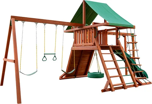 Vista 3 de Gorilla Playsets 01-0011 Sun Valley II Columpio de madera con barras de mono, columpio de neumático y pared de roca, secoya