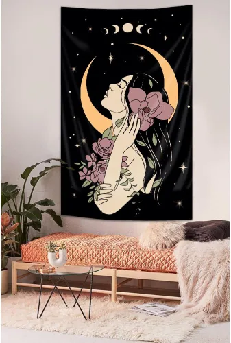 Vista 2 de Riyidecor Tapiz vertical de mujer misteriosa de fase lunar, bohemio, pequeño, gótico, para colgar en la pared, plantas florales, hojas estrelladas