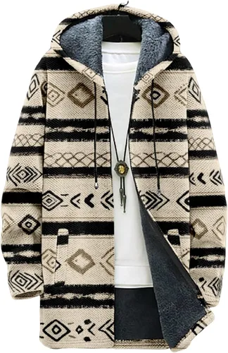 Vista 9 de Chaqueta de forro polar con capucha para hombre, con estampado azteca, de algodón pesado, con cremallera, manga larga, chaqueta con capucha