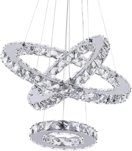Vista 9 de Lámparas de araña LED de cristal, lámpara colgante moderna para comedor, lámpara de techo ajustable con 3 anillos, de acero inoxidable, blanco frío