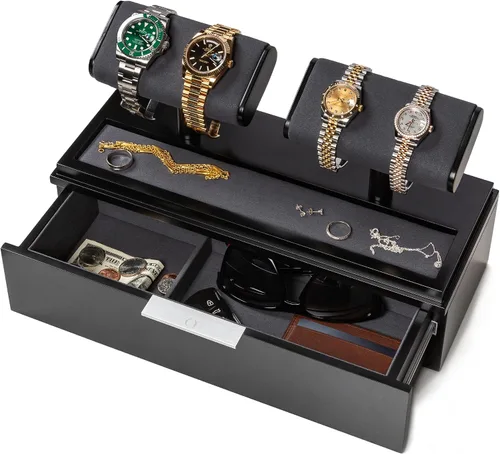 Vista 8 de QWATCH - Caja de acrílico para 2 o 4 relojes con bandeja de valet de joyería y cajón