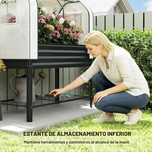 Vista 6 de Outsunny Cama de jardín elevada galvanizada con cubierta de invernadero, cama de jardín elevada de metal con patas, forro de cama y estante