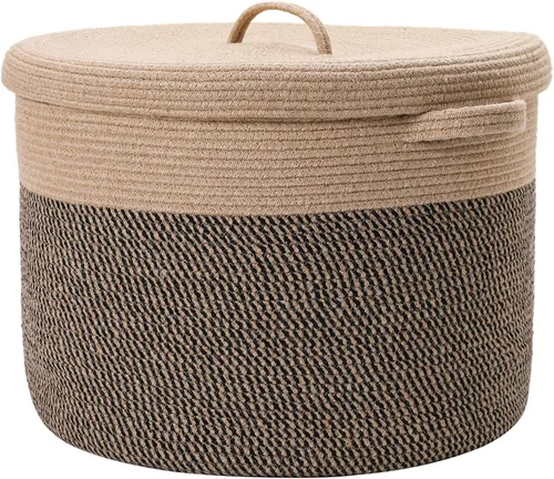 Vista 25 de Cesta de almacenamiento extra grande de 16" x 16" x 18" con tapa, cestas de almacenamiento de cuerda de algodón, canasta de lavandería, contenedor