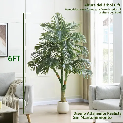 Vista 3 de Palmera artificial de caña dorada de 6 pies, plantas artificiales Planta de palma de seda sintética en maceta blanca, árboles artificiales altos