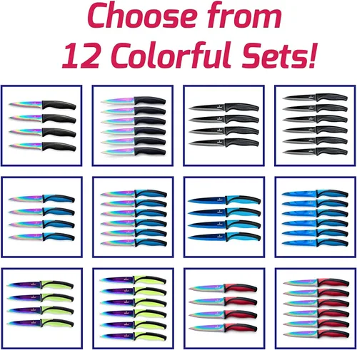 Vista 6 de SiliSlick Juego de cuchillos para carne de acero inoxidable, cuchillos de cocina coloridos con revestimiento de titanio con borde recto, suave
