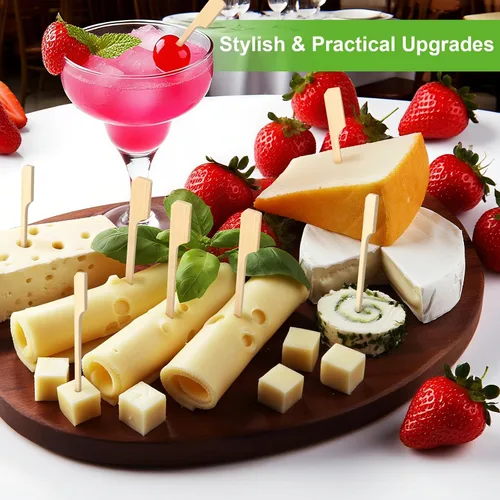 Vista 2 de FATLODA Palillos de Cóctel de Bambú de 3.5 Pulgadas [1200 PIEZAS] para Aperitivos, Brochetas de Madera Tipo Paleta, Palillos de Dientes Planos