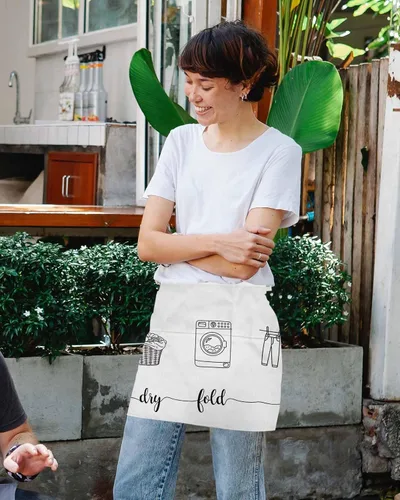 Vista 4 de Laundry Room Server Aprons with 3 Pockets, Cartoon Wash Dry Fold Repeat Simple Lines Art Waitress Waist Apron for Women Men Waterproof Half Aprons