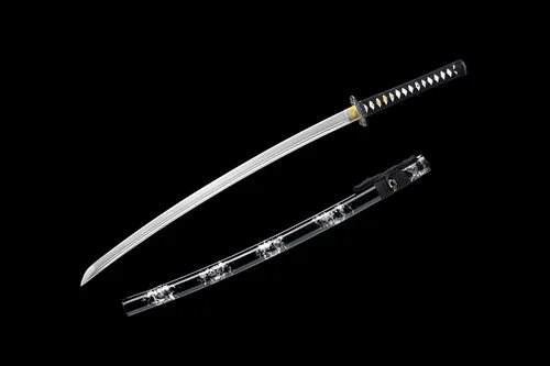 Vista 2 de Espada Samurai tradicional ultra afilada, hecha a mano con características de acero al carbono 1060, acero plegado de Damasco, acero T10 y acero