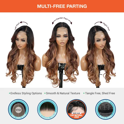 Vista 5 de GLAM21USA Peluca de encaje frontal HD con ondas sueltas de 13 x 6 pulgadas, sin pegamento, invisible, transparente, encaje frontal, mezcla