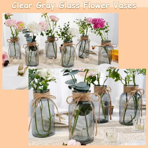 Vista 25 de Jarrones de vidrio vintage para flores, juego de 3 jarrones transparentes para centro de mesa de boda estilo granja, botella cilíndrica