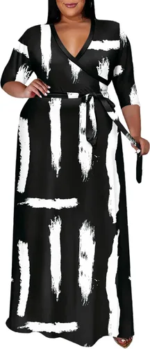 Vista 9 de Runwind Vestidos de Talla Grande para Mujeres Vestido Maxi Floral Suelto Manga 3/4 con Cinturón 01-Negro