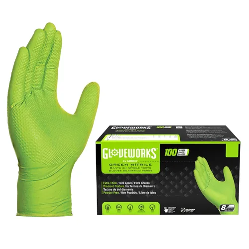 Vista 10 de GLOVEWORKS Guantes verdes HD, desechables de 8 mil, agarre de diamante elevado resistente, sin látex, guante mecánico, mediano, 2 cajas de 100