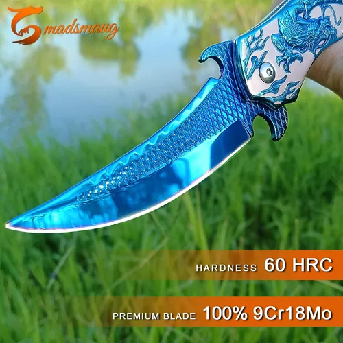 Vista 3 de Cuchillo de bolsillo, 9Cr18Mo BLADE Cuchillo plegable de bolsillo con funda, genial cuchillo EDC de dragón 3D, gran cuchillo de bolsillo de regalo