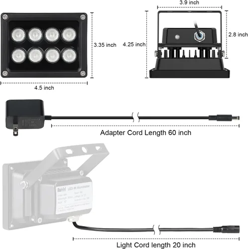 Vista 5 de Univivi Iluminador de infrarrojos de 90 grados de gran ángulo con 8 LED IR, luz infrarroja de 850 nm, iluminador de infrarrojos para visión