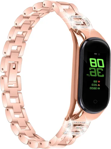Vista 7 de Mi Band 4 Correa de fitness, pulsera de acero inoxidable con diamantes de imitación para mujer, elegante correa de repuesto delgada, ajustable Negro