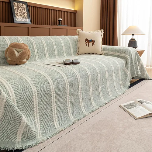 Vista 49 de HANDONTIME Chevron Pattern Couch Cover Vertical Striped Jacquard Sofa Cover Modern Minimalist, Khaki and White, Sofa Covers Washable, Pet Friendly