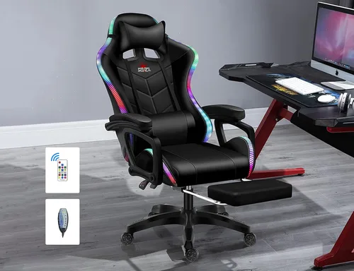 Vista 2 de Silla ergonómica para juegos profesional con luces LED y altavoces, silla de videojuegos con masaje y reposapiés, silla de computadora de respaldo