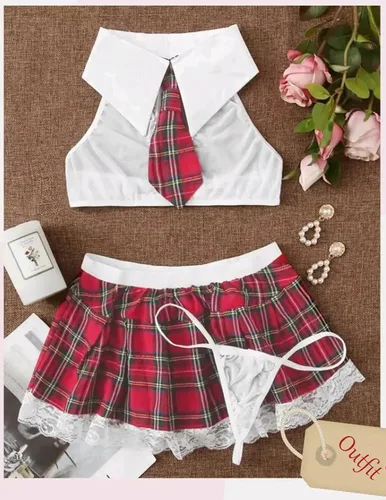 Vista 6 de Avidlove - Conjunto de lencería sexy para mujer, disfraz de colegiala con top, corbata y minifalda