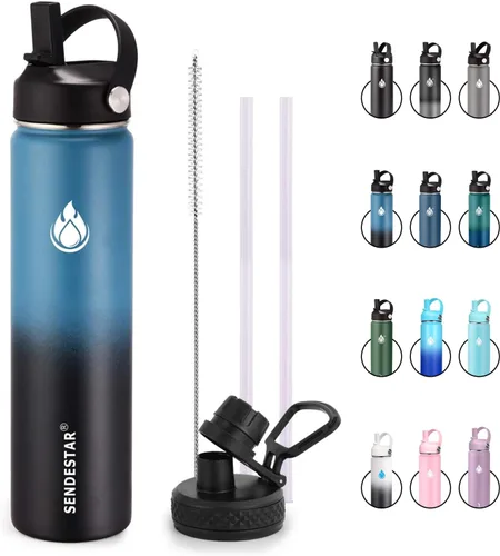 Vista 37 de SENDESTAR Botella de agua aislada de 24 onzas, boca ancha, botella de agua de 24 onzas con tapa con popote, tapa de boquilla, acero inoxidable