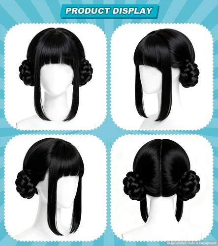 Vista 3 de Peluca negra con moño y flequillo para niños, peluca de cosplay de Negro oscuro