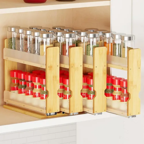 Vista 11 de SpaceAid Organizador de especias extraíble de bambú para gabinete, organizador de condimentos deslizante y resistente para despensa de cocina