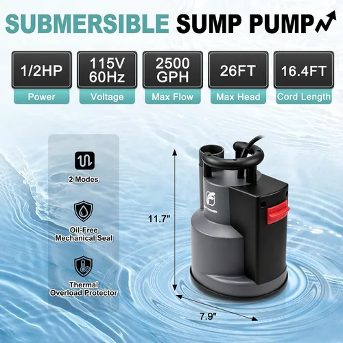Vista 3 de FLUENTPOWER - Bomba de sumidero sumergible de 1/2 HP 2500 GPH, bomba de agua de utilidad, control automático/manual mediante interruptor de flotador