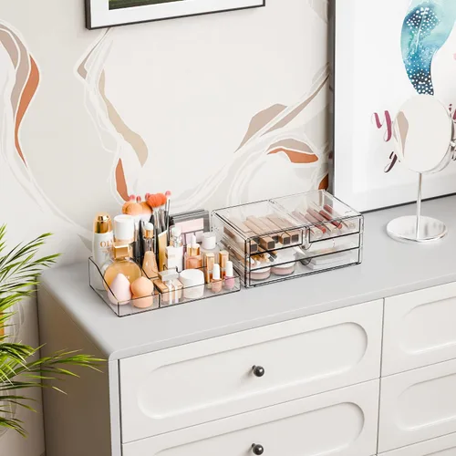 Vista 2 de Yieach Organizadores de maquillaje acrílico para mostrador, escritorio y tocador, paquete de 2 organizadores apilables para encimera de baño