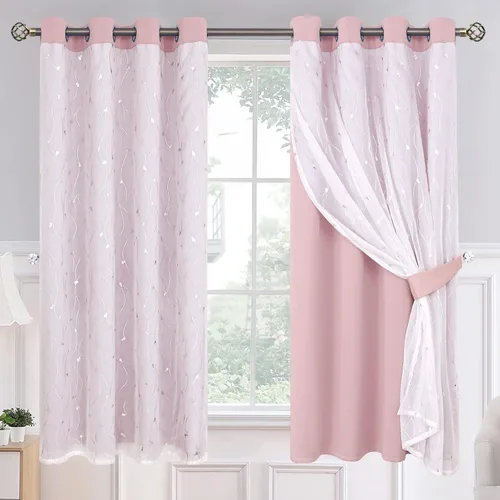 Vista 19 de BGment Cortinas de oscurecimiento de habitación con superposición transparente, cortinas de tul estampado plateado de doble capa para sala de estar