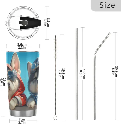 Vista 3 de Tazas de acero inoxidable con diseño de perros lindos de dibujos animados para hombres con tapa y pajita, taza de viaje de café de 20 onzas