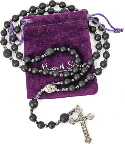 Vista 4 de Nazareth Store Rosario de cuentas de ágata negra, rosario de hombres católicos con cuentas naturales mate con piedras de hematita, medalla de suelo