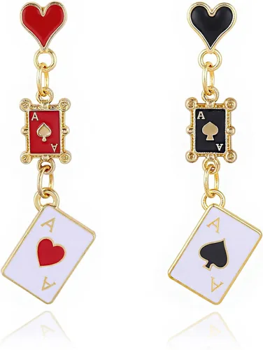 Vista 8 de Aretes de reina de corazón, aretes colgantes de reloj de póquer con corazón rojo para mujer, aretes largos asimétricos de póquer, aretes colgantes