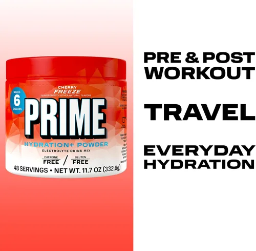Vista 4 de PRIME Hydration + Polvo de electrolitos, cereza congelada, mezcla de bebida de hidratación sin azúcar con potasio, magnesio y vitaminas B