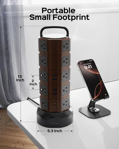 Vista 8 de Protector contra sobretensiones de torre de regleta de alimentación, 20 CA 6 USB (2 USB C), 1050J, 6.5 pies Extension Cord with Multiple Outlets