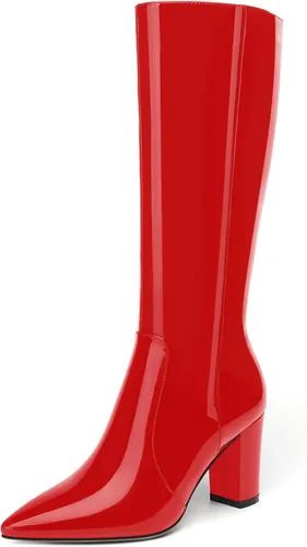 Vista 57 de AMBELIGHT Botas altas hasta la rodilla con cremallera y puntera puntiaguda para mujer, de patente sólida, tacón alto, 3.3 pulgadas