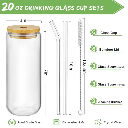 Vista 2 de SENTVEND Vasos para Beber de 20 Oz con Tapas de Bambú y Popote de Vidrio - 6 Pzas Vasos de Vidrio Vasos para Cerveza Café Helado Lindos Vasos