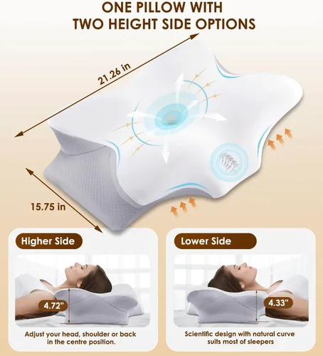 Vista 2 de Almohada cervical para cuello y hombros, almohadas ergonómicas de espuma viscoelástica con funda lavable para dormir, almohada de soporte de cuello