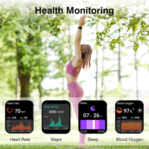 Vista 2 de TYKOIT Reloj inteligente, rastreador de fitness con pantalla táctil de 45 mm, monitor de frecuencia cardíaca, oxígeno en sangre, seguimiento