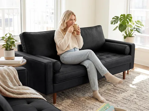 Vista 61 de Container Furniture - Sofá de piel sintética para la sala de estar moderna con cojines extraíbles y patas de madera maciza, sofá estilo lujoso