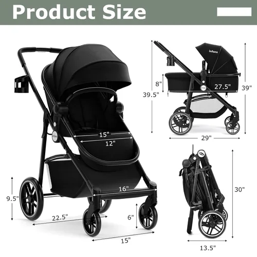 Vista 7 de INFANS Cochecito infantil 2 en 1, cochecito de bebé horizontal y cochecito de cuna reversible, cochecito plegable con toldo ajustable, cesta