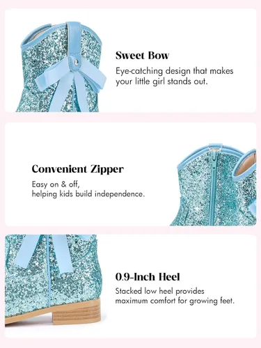 Vista 5 de Coutgo Botas vaqueras para niñas, botas de tacón bajo con purpurina, botas Azul