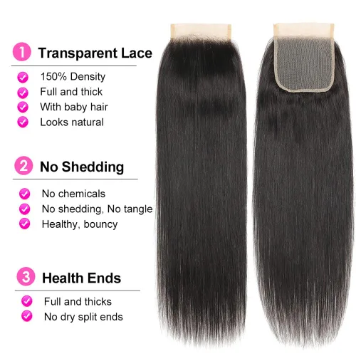 Vista 4 de YISEA Paquetes de cabello humano liso con cierre de encaje (12 14 16+10 cierre) Paquetes de cabello humano 3 con cierre de encaje 4x4 100%