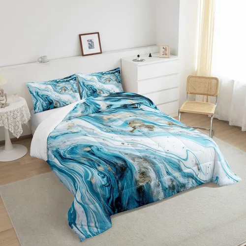 Vista 4 de Erosebridal Edredón de mármol azul y blanco, ropa de cama de lentejuelas doradas, juegos y colecciones de ropa de cama con patrón geométrico