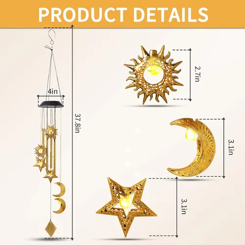 Vista 5 de Campanillas de viento solares para exteriores, estrellas de sol y luna sol estrella
