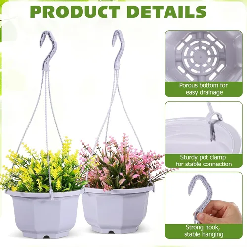 Vista 3 de 8-Inch Hanging Planters Octagonal Plastic Flower Pots with Hook, 10pcs Indoor Hanging Plant Baskets for Balcony and Garden, White Gardening
