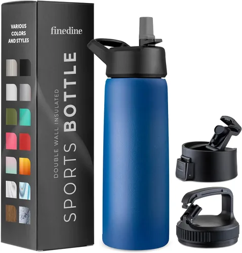 Vista 12 de FineDine Botellas de agua aisladas de triple pared con popote, botella de metal de acero inoxidable de 25 onzas con 3 tapas a prueba de fugas
