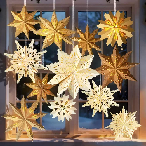 Vista 9 de 12 piezas de linternas de copo de nieve de papel de Navidad, linternas de estrella de papel de Navidad 3D con luces LED, lámparas colgantes de copo