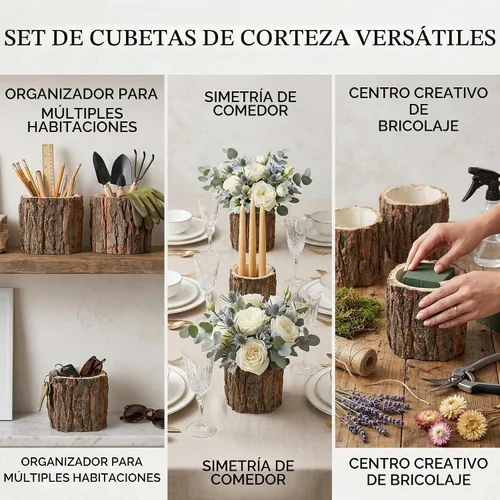 Vista 7 de Housoutil Jarrón de madera para centros de mesa, paquete de 3 jarrones de madera rústicos para tocón de árbol, cubo de flores de corteza de madera