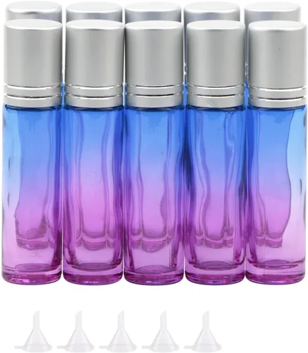 Vista 8 de Juego de 10 botellas enrollables de vidrio, 0.3 fl oz (1/3 onza), tarros de rodillo de gradiente azul con abridor de embudos, frascos de vidrio